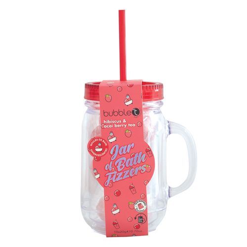 Bubble T Cosmetics Sklenice s brčkem plná šumivých bomb do koupele - ibišek (Mason Jar-Hibiscus) 10 x 20 g