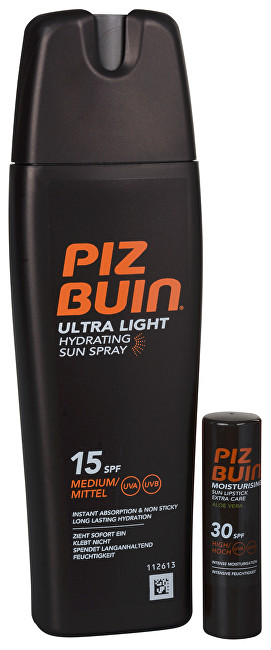 Piz Buin Dárková sada solární péče Sprej na opalování SPF 15 200 ml + Balzám na rty s Aloe Vera SPF 30 4,9 g