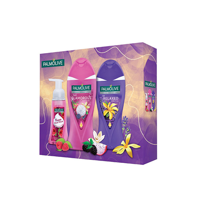 Palmolive Glamorous sprchový gel 250 ml + Relaxed sprchový gel 250 ml + Raspberry pěnové tekuté mýdlo 250 ml dárková sada