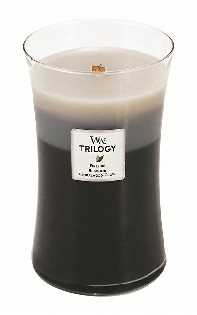 WoodWick Vonná svíčka Trilogy Fireside, Redwood, Sandalwood Clove 609 g