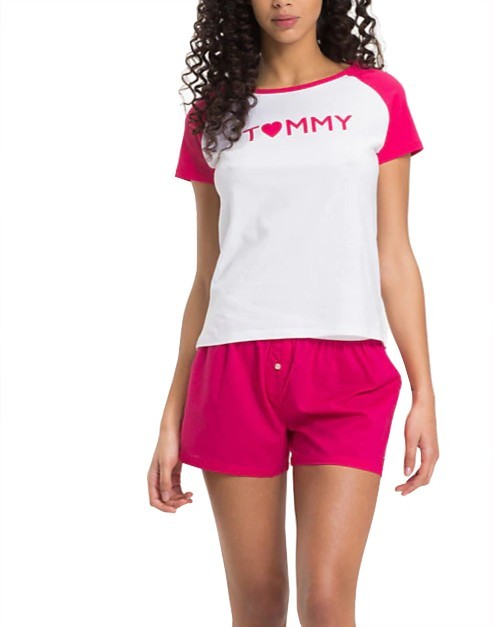 Tommy Hilfiger Dámské pyžamo Valentine Ctn&Cotton Iconic Set Ss Love Woven Boxer White/Rapsberry UW0UW01346-103 M