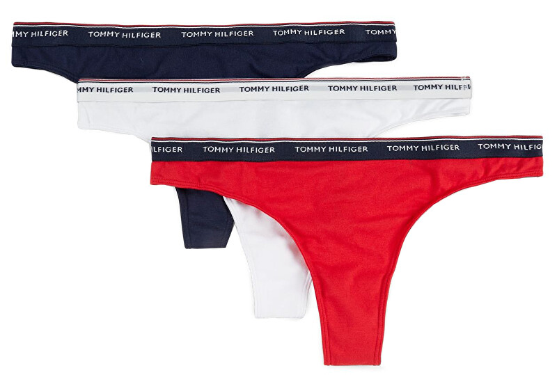 Tommy Hilfiger Sada dámských kalhotek Essentials 3P Thong UW0UW00048-012 Tango Red/White/Navy Blazer L