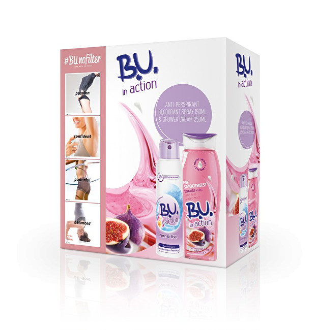 B.U. In Action Sensitive - deodorant ve spreji 150 ml + Jogurt & fík - sprchový krém 250 ml