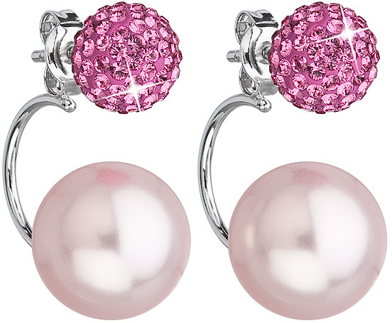 Evolution Group stříbrné náušnice dvojité s krystaly Swarovski růžové kulaté 31179.3