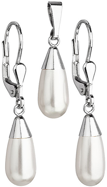 Evolution Group sada s krystaly Swarovski náušnice a přívěšek bílá perla slza 39119.1