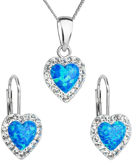 Evolution Group Srdíčková souprava šperků 39161.1 & blue s.opal (náušnice, řetízek, přívěsek)