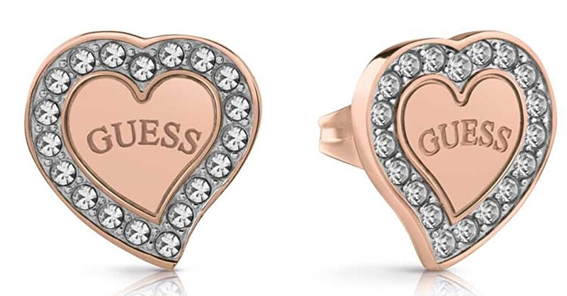 Guess Bronzové srdíčkové náušnice s krystaly UBE78056