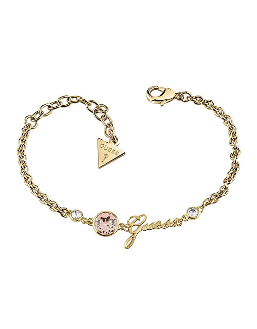 Guess Pozlacený fashion náramek s růžovým krystalem a nápisem UBB83027-S
