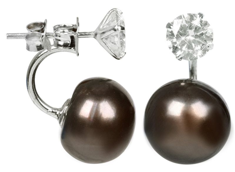 JwL Luxury Pearls Stříbrné dvojnáušnice s pravou hnědou perlou a krystalem JL0217