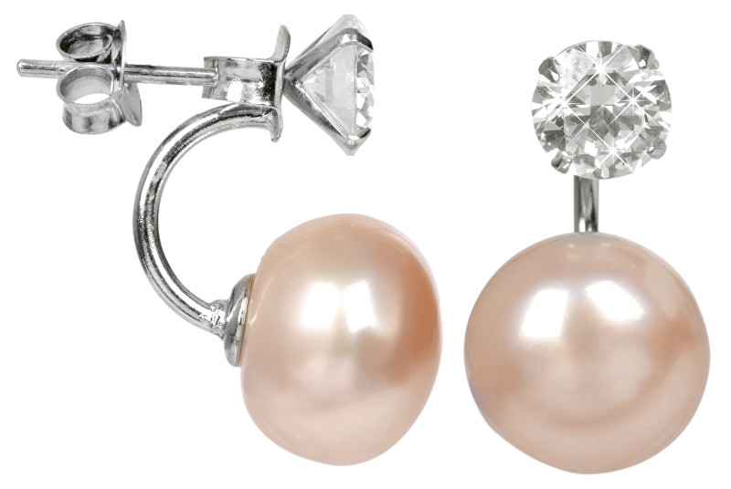 JwL Luxury Pearls Stříbrné dvojnáušnice s pravou lososovou perlou a krystalem JL0216