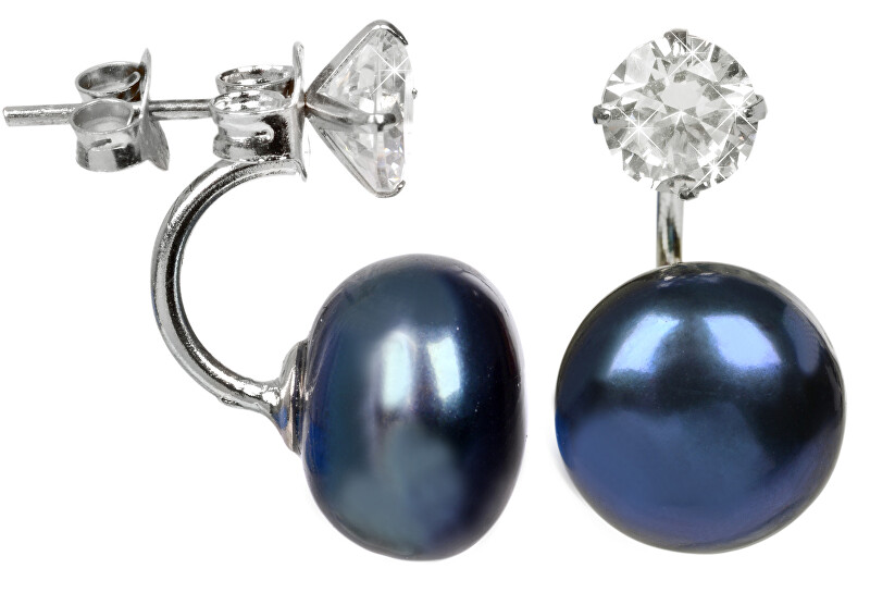 JwL Luxury Pearls Stříbrné dvojnáušnice s pravou modrou perlou a krystalem JL0225
