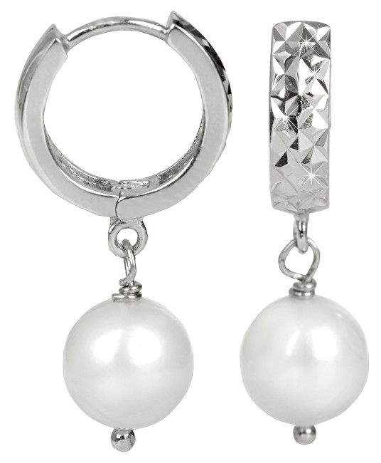 JwL Luxury Pearls Tepané stříbrné náušnice kroužky s bílou perlou JL0231
