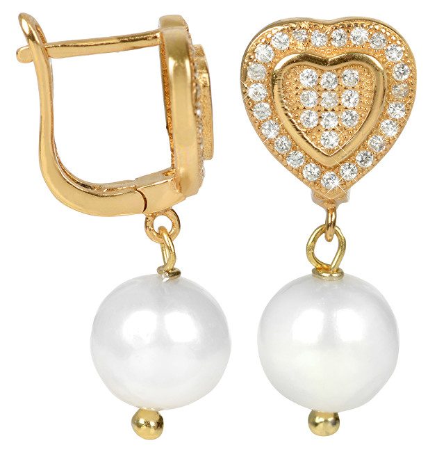 JwL Luxury Pearls Zlacené stříbrné náušnice srdíčka s bílou perlou JL0236