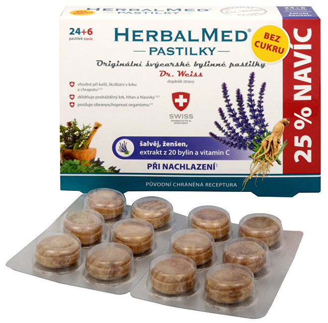 Simply You HerbalMed pastilky Dr. Weiss při nachlazení bez cukru 24 pastilek + 6 pastilek ZDARMA