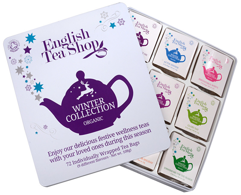 English Tea Shop Dárková plechová kazeta Bílá - Vánoční zima BIO 72 sáčků/9 příchutí