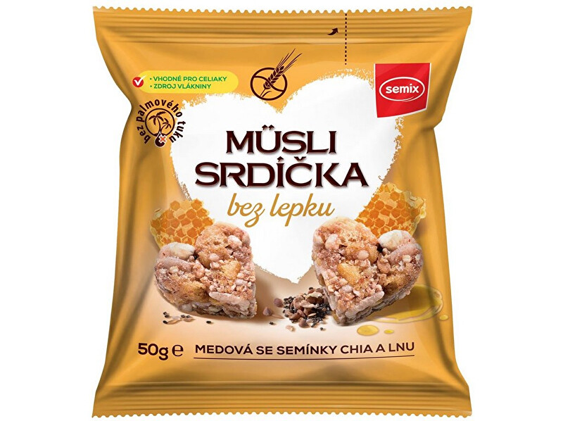 Zobrazit detail výrobku Semix Musli srdíčka bez lepku medová se semínky chia a lnu 50g Zobrazit detail výrobku Semix Musli srdíčka bez lepku medová se semínky chia a lnu 50g
