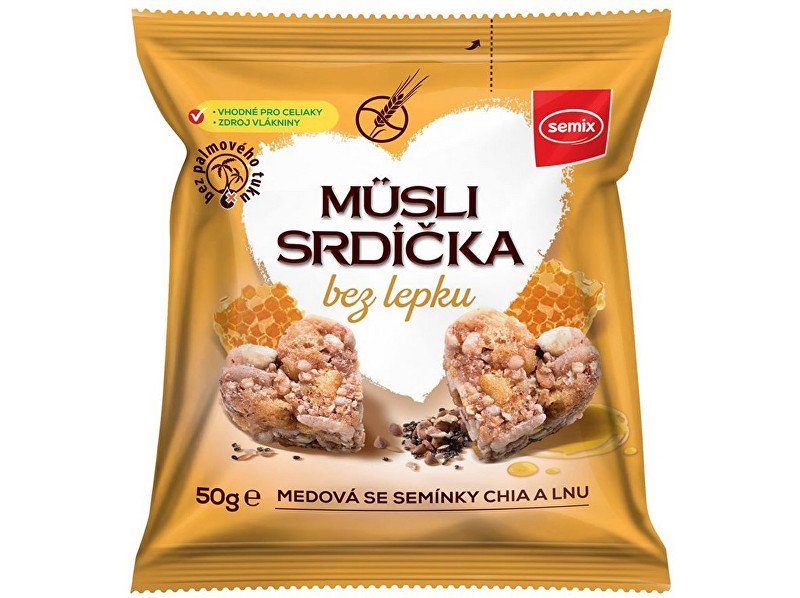 Zobrazit detail výrobku Semix Musli srdíčka bez lepku medová se semínky chia a lnu 50g Zobrazit detail výrobku Semix Musli srdíčka bez lepku medová se semínky chia a lnu 50g