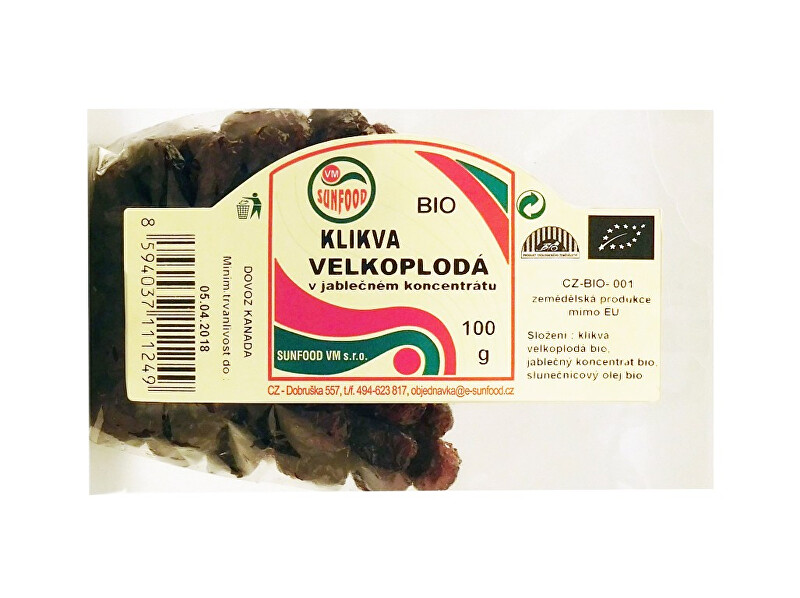 Zobrazit detail výrobku Sunfood Bio klikva slazená koncentrovanou jablečnou šťávou 100g Zobrazit detail výrobku Sunfood Bio klikva slazená koncentrovanou jablečnou šťávou 100g