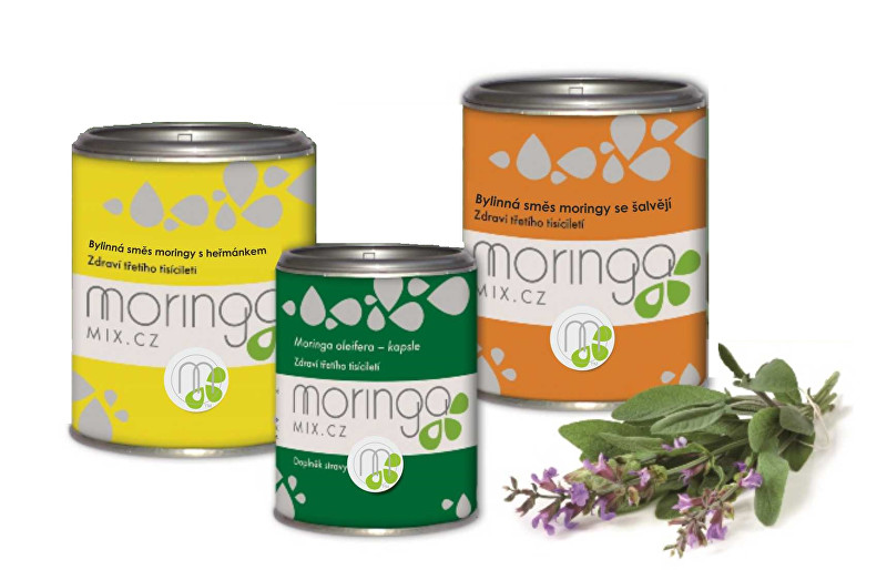 Moringa MIX Dárkové balení Bylinná směs moringy s heřmánkem 100 g + Moringa oleifera 180 kapslí + Bylinná směs moringy se šalvějí 100 g