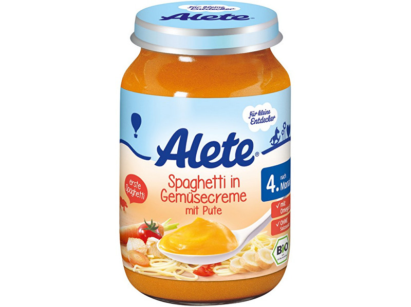 Zobrazit detail výrobku Alete Bio příkrm - špagety se zeleninovou omáčkou a krůtím masem 190g Zobrazit detail výrobku Alete Bio příkrm - špagety se zeleninovou omáčkou a krůtím masem 190g