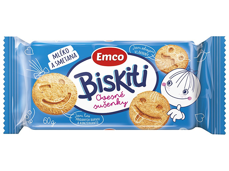 Zobrazit detail výrobku EMCO Biskiti ovesné sušenky - mléko a smetana 60g Zobrazit detail výrobku EMCO Biskiti ovesné sušenky - mléko a smetana 60g