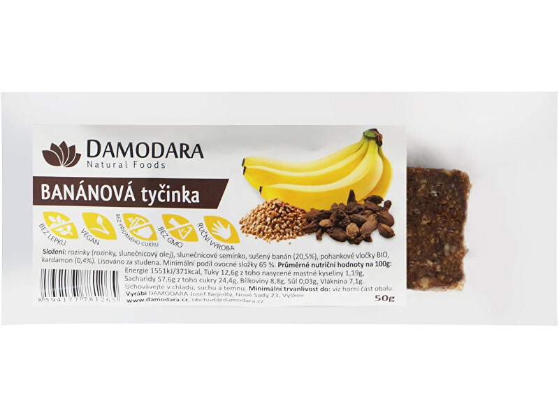 Zobrazit detail výrobku Damodara Ovocná tyčinka banánová s kardamonem 50g Zobrazit detail výrobku Damodara Ovocná tyčinka banánová s kardamonem 50g