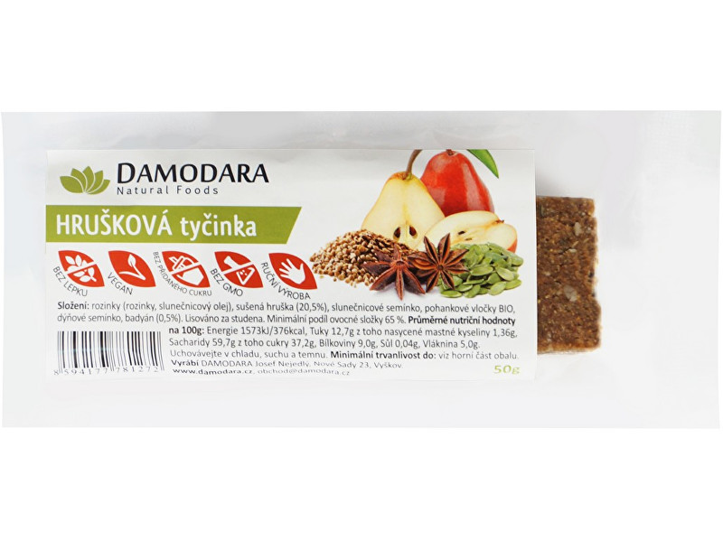 Zobrazit detail výrobku Damodara Ovocná tyčinka hrušková s badyánem 50g Zobrazit detail výrobku Damodara Ovocná tyčinka hrušková s badyánem 50g