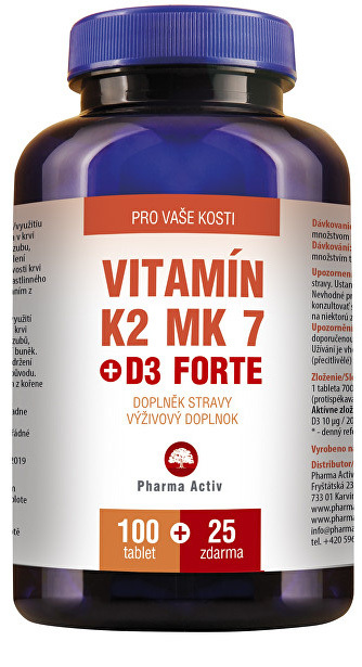Pharma Activ Vitamín K2 MK7 + D3 FORTE 100 tbl. + 25 tbl. ZDARMA + zdarma Fitness náramek s krokoměrem