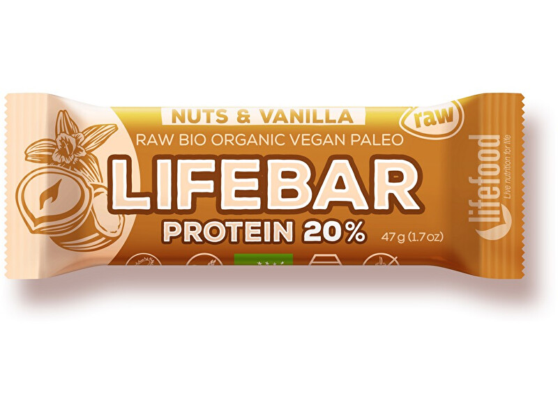 Zobrazit detail výrobku Lifefood Bio tyčinka Lifebar protein Vanilla nuts 47g Zobrazit detail výrobku Lifefood Bio tyčinka Lifebar protein Vanilla nuts 47g