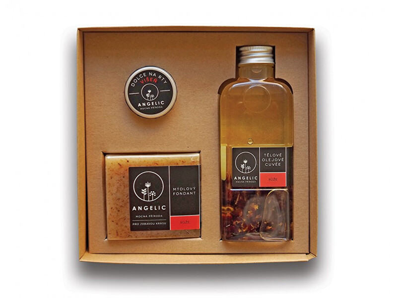 Angelic Tělové olejové Cuvée Růže 200 ml + Mýdlový fondant Růže Angelic 105 g + Dolce na rty Višeň Angelic 15 ml dárková sada