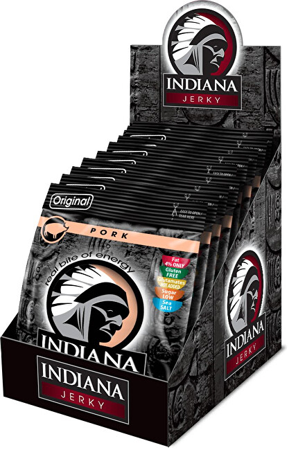 Zobrazit detail výrobku Indiana Indiana Jerky pork (vepřové) Original 250 g - display Zobrazit detail výrobku Indiana Indiana Jerky pork (vepřové) Original 250 g - display