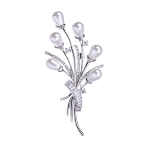 Brož Kytice s pravými perlami a krystaly Silver