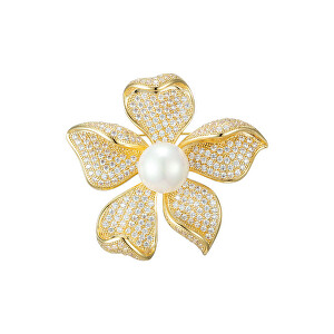 Elegantní pozlacená brož s umělou perlou a krystaly Gold
