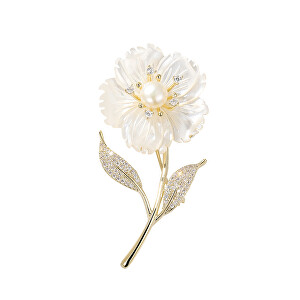 Brož s pravou perlou v květu a kamínky Gold