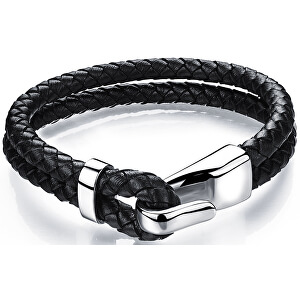 Černý kožený náramek s ocelovým hákem Leather