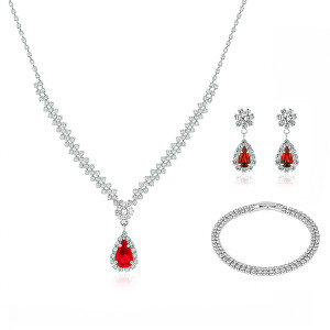 Dámská sada šperků s červenými zirkony Kapka (náhrdelník, náramek, náušnice)