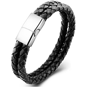 Dvojitý černý náramek z proplétané kůže Leather