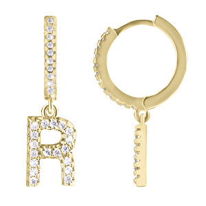 Kruhová pozlacená single náušnice "R" se zirkony