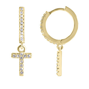 Kruhová pozlacená single náušnice "T" se zirkony