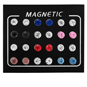 Moderní sada magnetických náušnic s barevnými krystaly (pecky, mini brož)