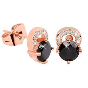 Růžově pozlacené třpytivé náušnice s černými krystaly