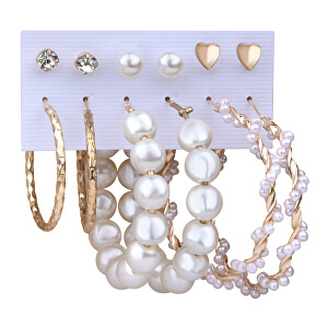Úžasná sada pozlacených kruhových náušnic a pecek s perlami (6 párů)