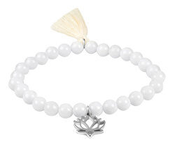 Perlenarmband aus dem weißen Achat mit der Lotusblüte und Quaste